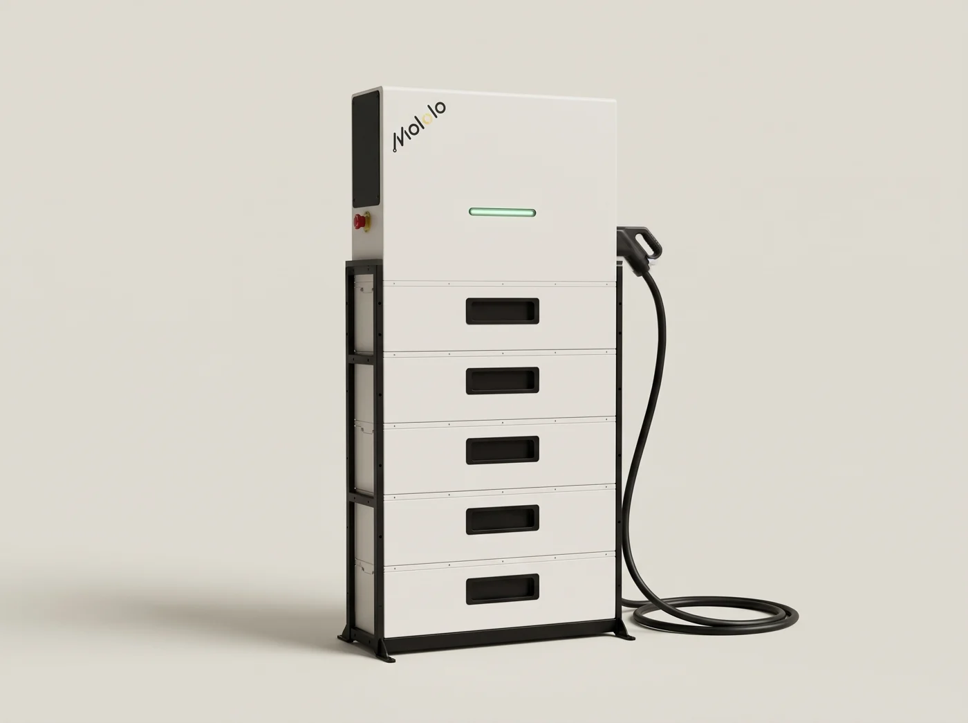 Mololo X capacity-enhanced charging station: white cabinet with green status light, five stacked battery modules and a side-holstered DC charging gun
