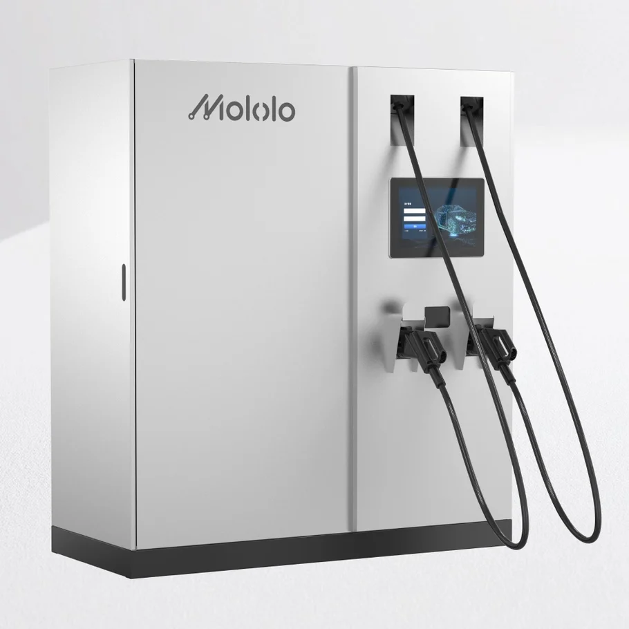 Mololo X High Capacity silver dual-gun charging cabinet with touchscreen and two CCS2 cables