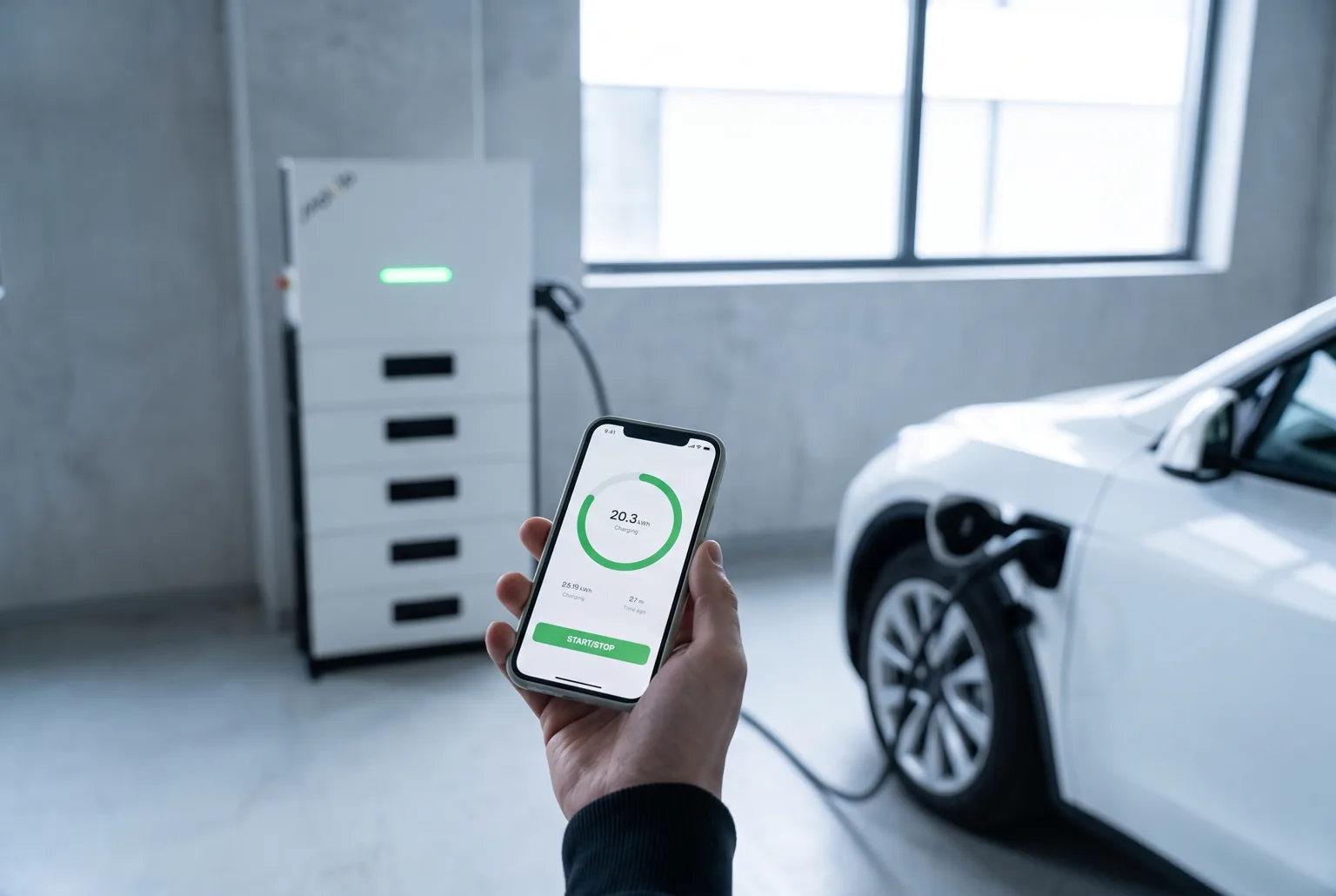 Smartphone showing the Mololo charging app in front of a Mololo X charging a white electric car